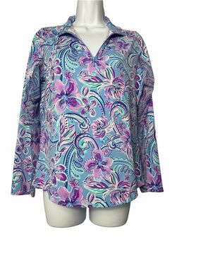 Ibkul 1/4 Zip Pullover Women Size Small Blue Floral Long Mesh Sleeve Golf Tennis